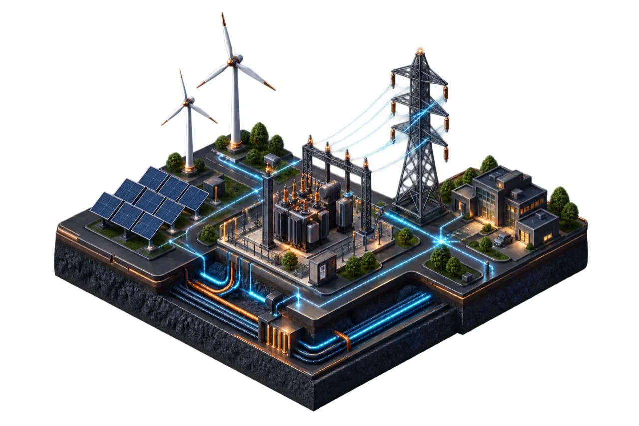 Isometric connected electricity infrastructure with generation, networks and buildings